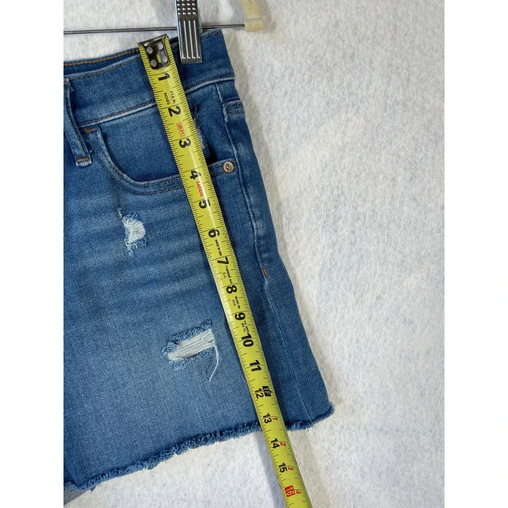 Express Womens High Rise Distressed Mom Shorts Medium Wash Blue Size 6 Raw Hem